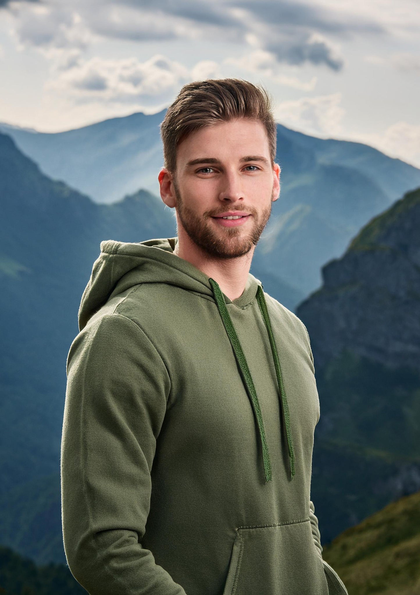 Army green cotton hoodie for men